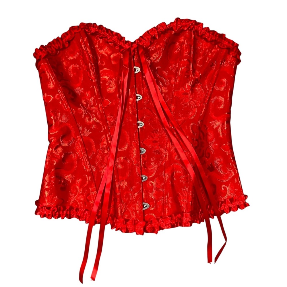Womens Lace Up Red Corset L Bustier Floral Waist Trainer Overbust Sexy Lingerie